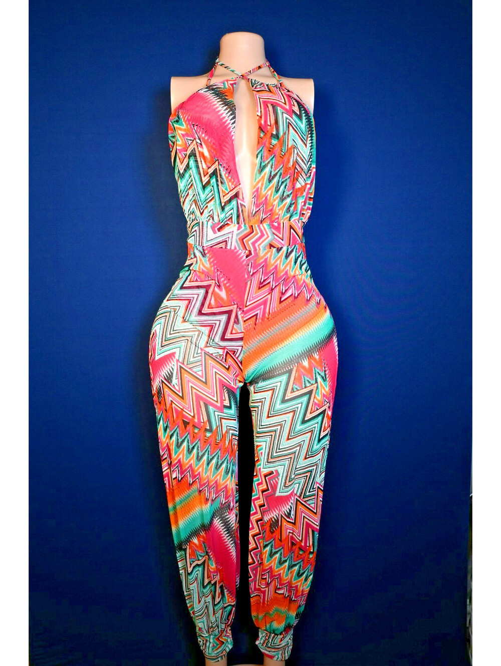 Fashion Nova Women's Jumpsuit Multi Color Neck Cuffed Top, See-through Pants L